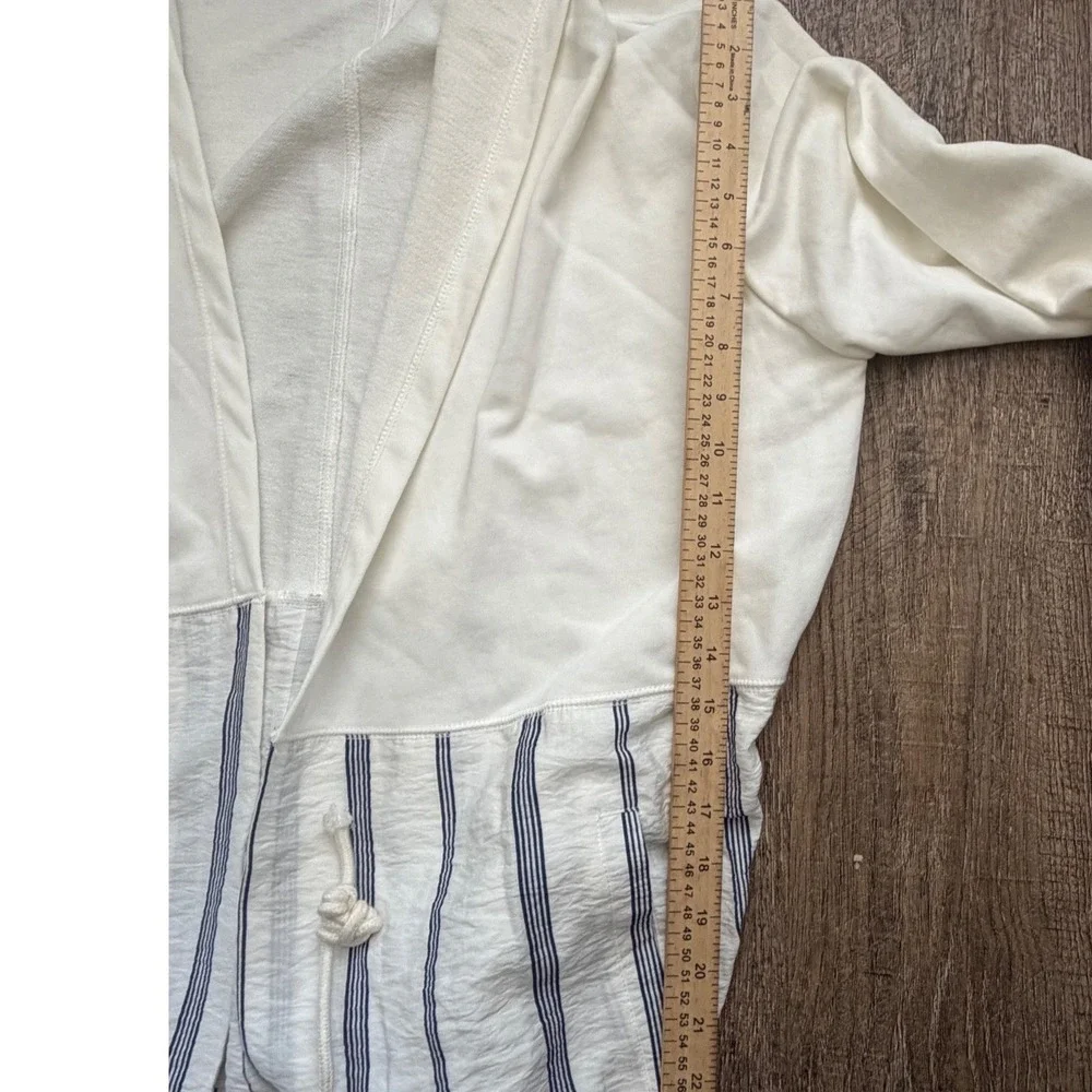 Mello Day Hooded Cardigan Womens Medium Cream Blue Striped Mixed Media Open Fron